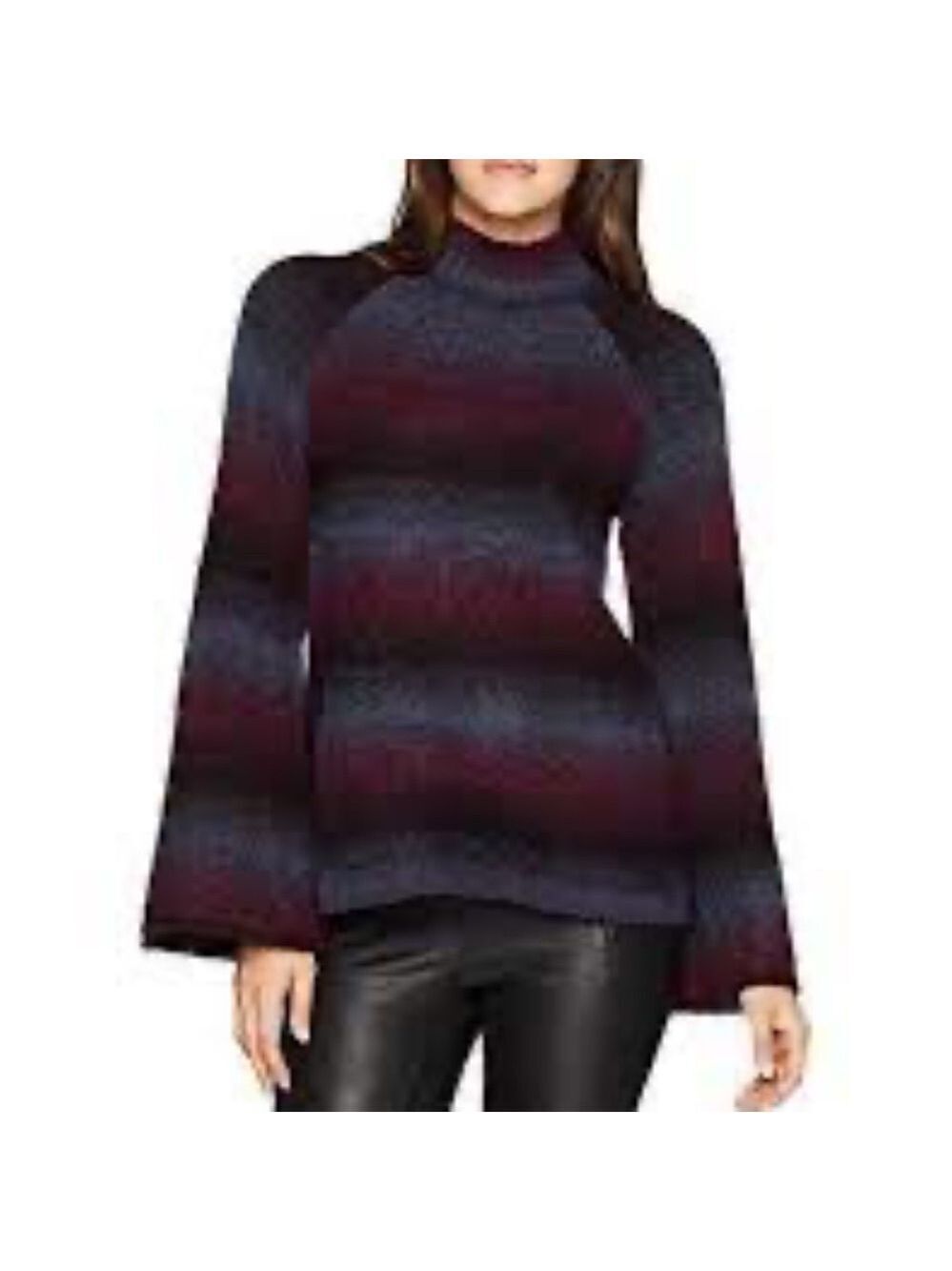 KENSIE Ombre Touch Striped Mock Neck Trumpet Sleeve Sweater